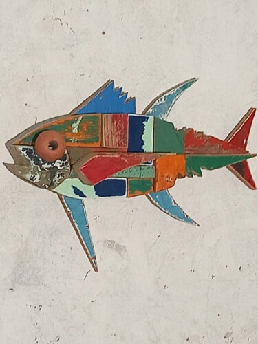 「petit poisson mosaï…」というタイトルの彫刻 Jean René Petibonによって, オリジナルのアートワーク, ウッド