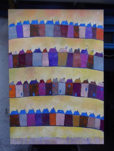 Painting titled "maison toit bleu,fo…" by Catherine Furic, Original Artwork