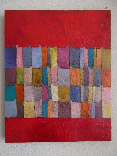 Peinture intitulée "maisons, ciel rouge" par Catherine Furic, Œuvre d'art originale, Huile