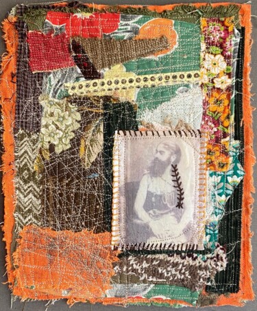 Textilkunst mit dem Titel "La femme à barbe" von Les Cousardes, Original-Kunstwerk, Stickerei Auf Andere starre Platte monti…