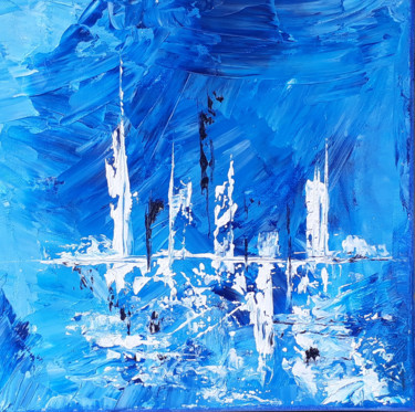 Painting titled "Huile bleue" by Muriel Benech (Muriel'B), Original Artwork, Oil Mounted on Wood Stretcher frame