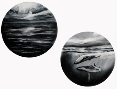 Schilderij getiteld "diptych «Whales and…" door Lesia Danilina, Origineel Kunstwerk, Olie Gemonteerd op Frame voor houten br…