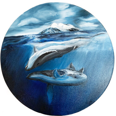Painting titled "Kiss of the Whales" by Lesia Danilina, Original Artwork, Oil Mounted on Wood Stretcher frame