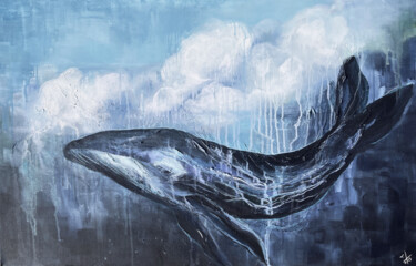 Painting titled "Whale in the sky" by Lesia Danilina, Original Artwork, Acrylic Mounted on Wood Stretcher frame