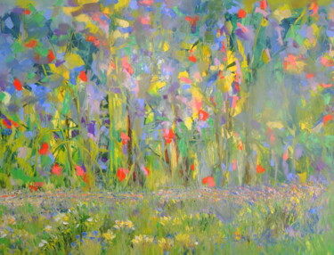 Painting titled "Summer Bluebells" by Lesley Blackburn, Original Artwork, Oil Mounted on Wood Stretcher frame