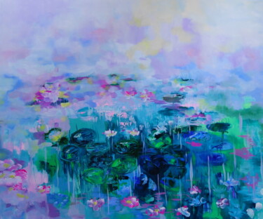 Schilderij getiteld "Lilies in the Mist" door Lesley Blackburn, Origineel Kunstwerk, Olie