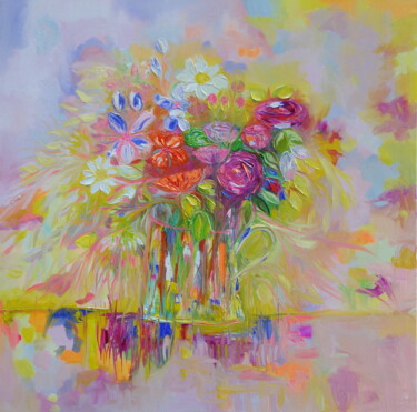 Schilderij getiteld "Summer Bouquet" door Lesley Blackburn, Origineel Kunstwerk, Olie Gemonteerd op Frame voor houten branca…