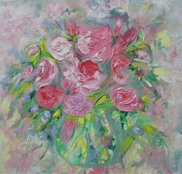 Картина под названием "Roes in Green Vase" - Lesley Blackburn, Подлинное произведение искусства, Масло Установлен на Деревян…