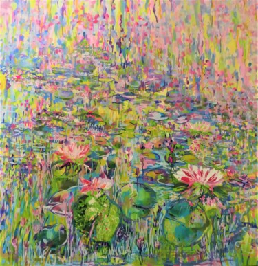 Peinture intitulée "Pink Waterlilies" par Lesley Blackburn, Œuvre d'art originale, Huile Monté sur Châssis en bois