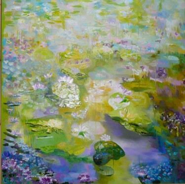 Painting titled "Purple Waterlilies" by Lesley Blackburn, Original Artwork, Oil Mounted on Wood Stretcher frame