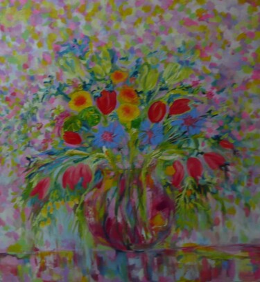 Painting titled "Tulip Bouquet" by Lesley Blackburn, Original Artwork, Oil Mounted on Wood Stretcher frame