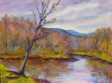 Painting titled "Leaning River Tree" by Lesley Braren, Original Artwork, Oil