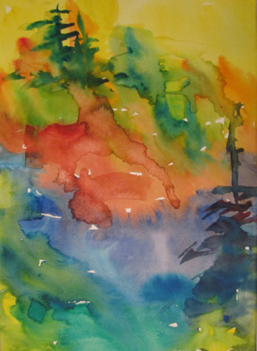 Painting titled "River & Woods" by Lesley Braren, Original Artwork, Watercolor