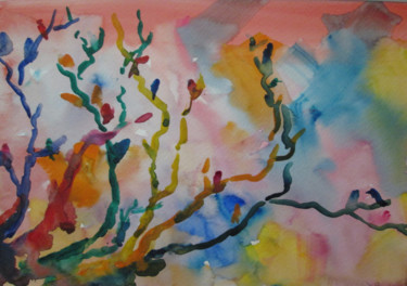 Painting titled "Bird Tree" by Lesley Braren, Original Artwork, Watercolor