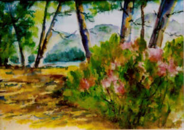 Painting titled "Around the Lake" by Lesley Braren, Original Artwork, Watercolor
