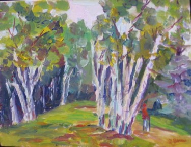 Painting titled "White Birch Walk" by Lesley Braren, Original Artwork, Oil
