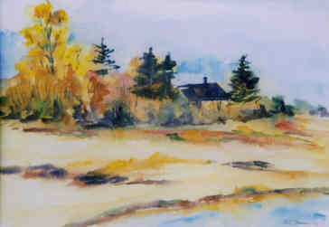 Painting titled "Fall Maine Shore" by Lesley Braren, Original Artwork, Watercolor