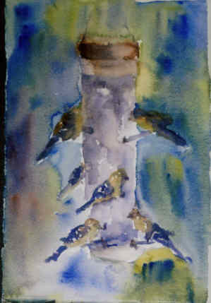 Painting titled "Bird Feeder" by Lesley Braren, Original Artwork, Watercolor