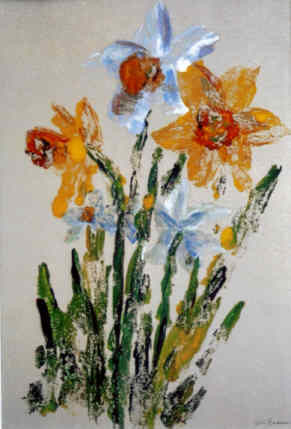 Printmaking titled "Five Daffodils" by Lesley Braren, Original Artwork, Monotype