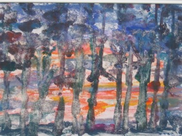 Printmaking titled "Tree Line Sunset" by Lesley Braren, Original Artwork, Monotype