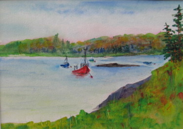 Painting titled "Red Lobster Boat" by Lesley Braren, Original Artwork, Watercolor