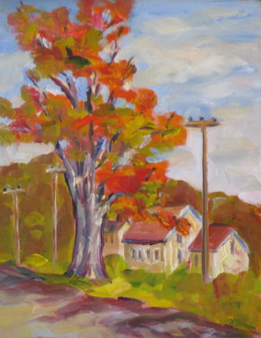 Painting titled "Fall Tree with House" by Lesley Braren, Original Artwork, Oil