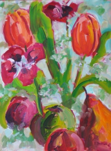 Painting titled "Tulips & Fruit" by Lesley Braren, Original Artwork, Oil