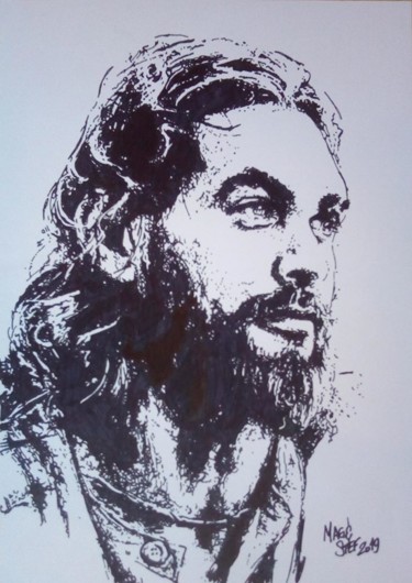 Dessin intitulée "Jason Momoa" par Mag Et Stef Gransagne (Mag et Stef - Les Quatre Mains), Œuvre d'art originale, Marqueur