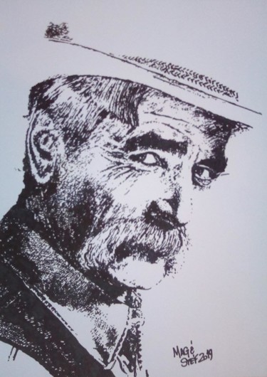 Drawing titled "Sam Elliot" by Mag Et Stef Gransagne (Mag et Stef - Les Quatre Mains), Original Artwork, Marker