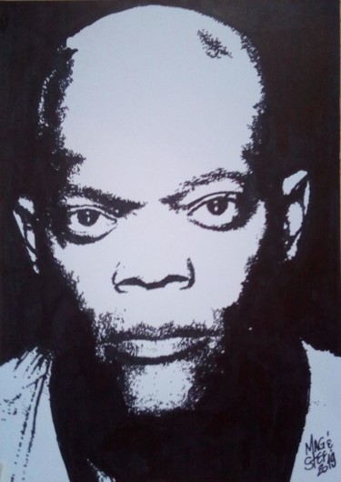Drawing titled "Samuel L.Jackson" by Mag Et Stef Gransagne (Mag et Stef - Les Quatre Mains), Original Artwork, Marker