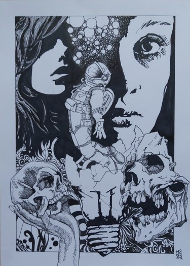 Drawing titled "Ode To Major Tom" by Mag Et Stef Gransagne (Mag et Stef - Les Quatre Mains), Original Artwork, Marker