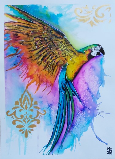 Peinture intitulée "le perroquet" par Mag Et Stef Gransagne (Mag et Stef - Les Quatre Mains), Œuvre d'art originale, Aquarel…