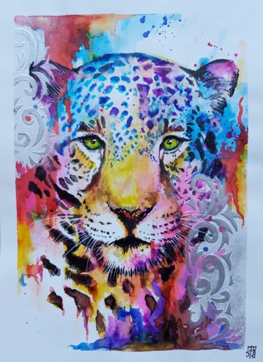 Painting titled "Colored Leopardo" by Mag Et Stef Gransagne (Mag et Stef - Les Quatre Mains), Original Artwork, Ink