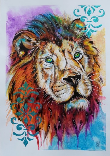 Malerei mit dem Titel "Colored Lion" von Mag Et Stef Gransagne (Mag et Stef - Les Quatre Mains), Original-Kunstwerk, Acryl