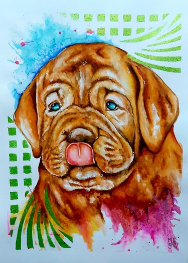 Painting titled "Loulou - Dogue de B…" by Mag Et Stef Gransagne (Mag et Stef - Les Quatre Mains), Original Artwork, Ink