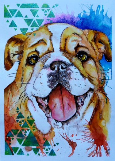 Pintura intitulada "Marcel - le bulldog…" por Mag Et Stef Gransagne (Mag et Stef - Les Quatre Mains), Obras de arte originai…