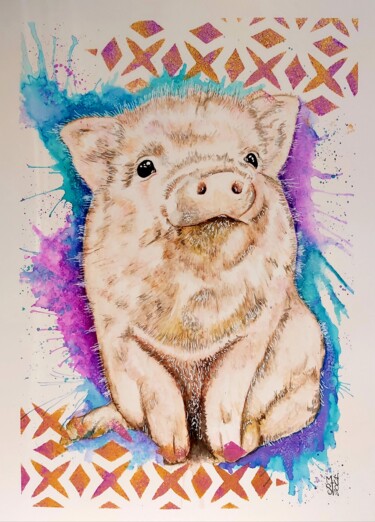 Pintura titulada "Shakira beauté porc…" por Mag Et Stef Gransagne (Mag et Stef - Les Quatre Mains), Obra de arte original, A…