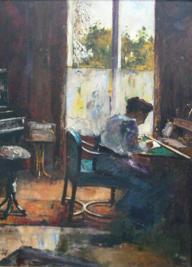 Pintura intitulada "Femme au bureau" por Lesser Ury, Obras de arte originais, Óleo