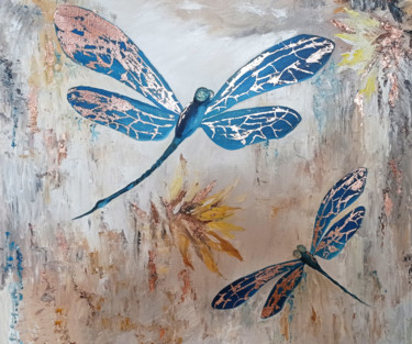 Painting titled "Dragonflies" by Olesya Zaripova (ROZ), Original Artwork, Oil Mounted on Wood Stretcher frame