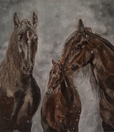Painting titled "The horses in the s…" by Olesya Zaripova (ROZ), Original Artwork, Oil