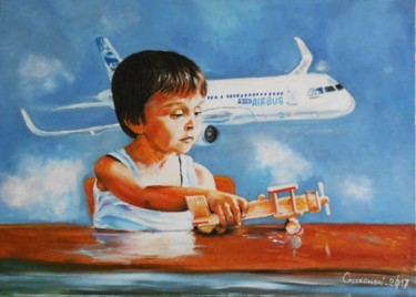 Schilderij getiteld "small aviator" door Leszek Gaczkowski, Origineel Kunstwerk, Olie