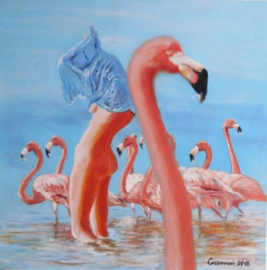 Картина под названием "Nude with flamingoes" - Leszek Gaczkowski, Подлинное произведение искусства, Масло