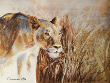 Painting titled "Lion - African beau…" by Leszek Gaczkowski, Original Artwork, Pastel