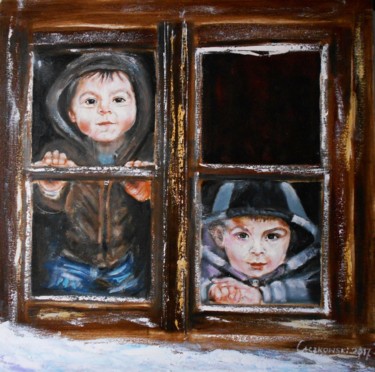 Painting titled "Window" by Leszek Gaczkowski, Original Artwork, Oil
