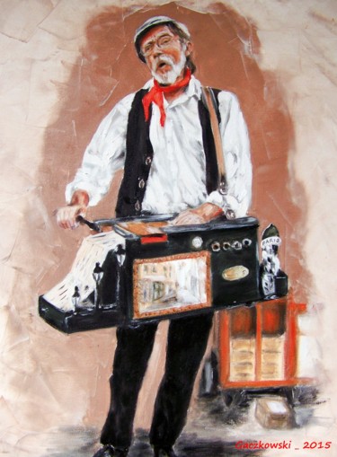Schilderij getiteld "Musicien de rue à M…" door Leszek Gaczkowski, Origineel Kunstwerk, Olie
