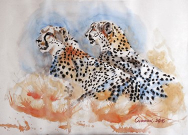 Peinture intitulée "guépards" par Leszek Gaczkowski, Œuvre d'art originale, Aquarelle