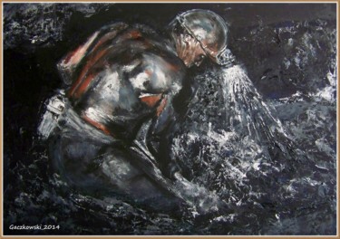 Painting titled "Miner at work" by Leszek Gaczkowski, Original Artwork, Oil