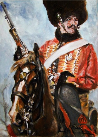 Schilderij getiteld "Hussar" door Leszek Gaczkowski, Origineel Kunstwerk, Olie