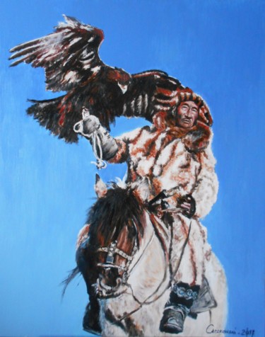 Painting titled "Hunting with an eag…" by Leszek Gaczkowski, Original Artwork, Oil