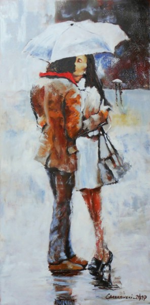 Malerei mit dem Titel "Meeting on a rainy…" von Leszek Gaczkowski, Original-Kunstwerk, Öl